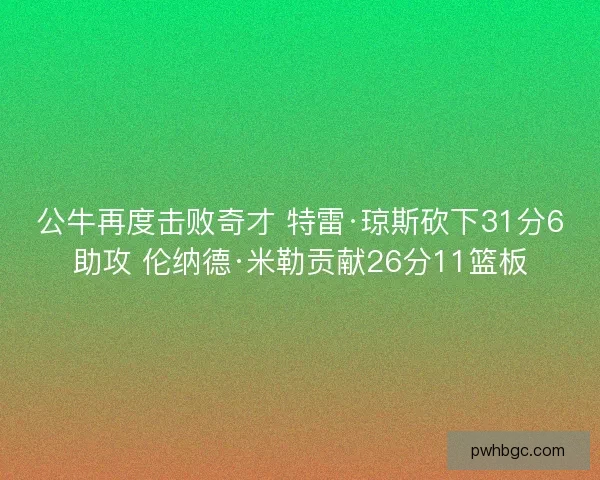 公牛再度击败奇才 特雷·琼斯砍下31分6助攻 伦纳德·米勒贡献26分11篮板